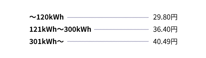 〜120kWh：29.80円、121kWh〜300kWh：36.40円、301kWh〜：40.49円